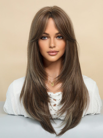 カーテンバング付きのグラデーションロングストレートヘア、レイヤードフルヘッド合成ウィッグ、女性用 2025