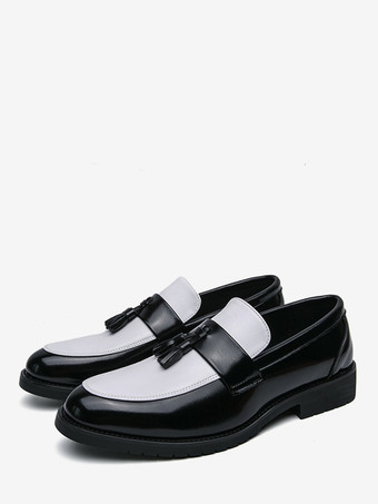 メンズタッセルローファー ラウンドトゥ カラーブロック スリッポン ペニーシューズ 滑り止めラバーソール PUレザー カジュアルシューズ