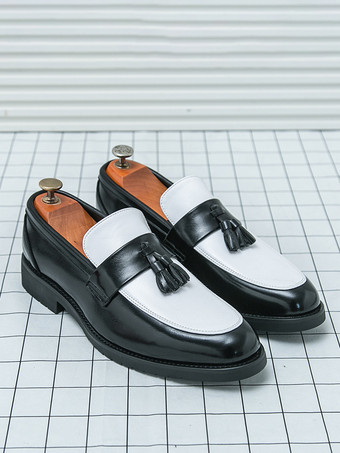 メンズタッセルローファー ラウンドトゥ カラーブロック スリッポン ペニーシューズ 滑り止めラバーソール PUレザー カジュアルシューズ