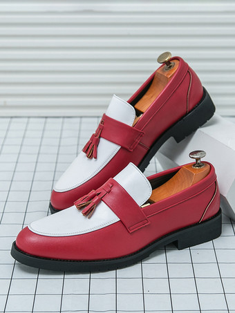 メンズタッセルローファー ラウンドトゥ カラーブロック スリッポン ペニーシューズ 滑り止めラバーソール PUレザー カジュアルシューズ