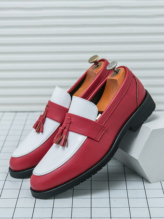 メンズタッセルローファー ラウンドトゥ カラーブロック スリッポン ペニーシューズ 滑り止めラバーソール PUレザー カジュアルシューズ