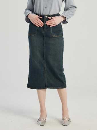 ディープブルーフロントポケット付きデニムスカート ミディ丈スカート レディース 2026