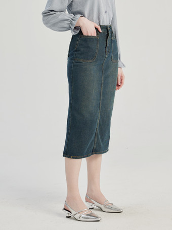 フロントポケット付きデニムスカート ミディ丈スカート レディース 2026