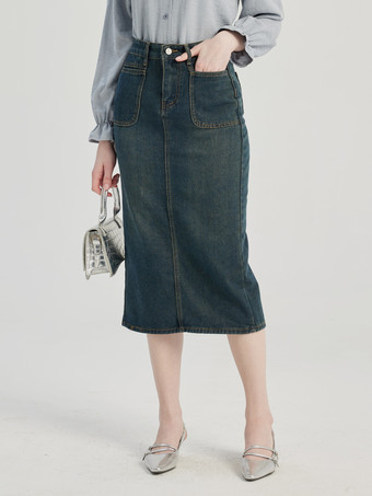 フロントポケット付きデニムスカート ミディ丈スカート レディース 2026