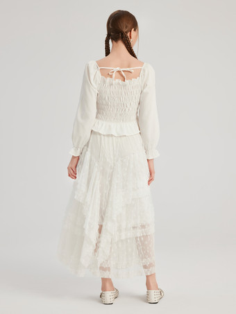 ホワイト プリーツ ブラウス スクエアカラー 長袖 フリル クロップトップ レディース 2025