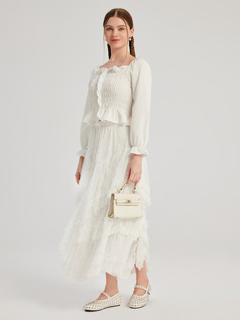 ホワイト プリーツ ブラウス スクエアカラー 長袖 フリル クロップトップ レディース 2025