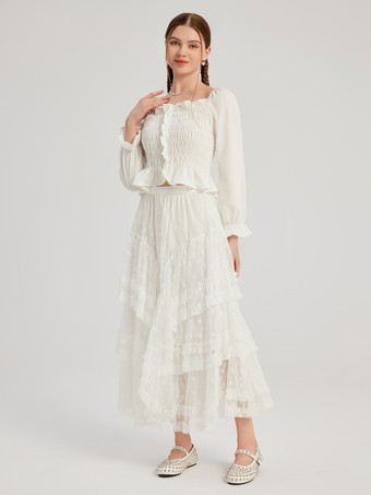 ホワイト プリーツ ブラウス スクエアカラー 長袖 フリル クロップトップ レディース 2025