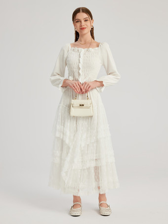 ホワイト プリーツ ブラウス スクエアカラー 長袖 フリル クロップトップ レディース 2025