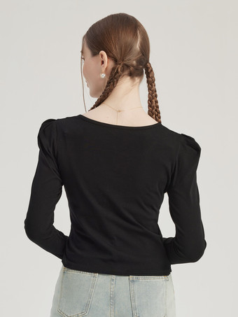 3Dフラワー付きブラックイレギュラープリーツTシャツ 長袖 春トップス レディース 2026