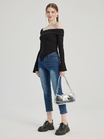 ブラック アシンメトリー T シャツ ロングスリーブ ワンショルダー スプリング トップス レディース 2026