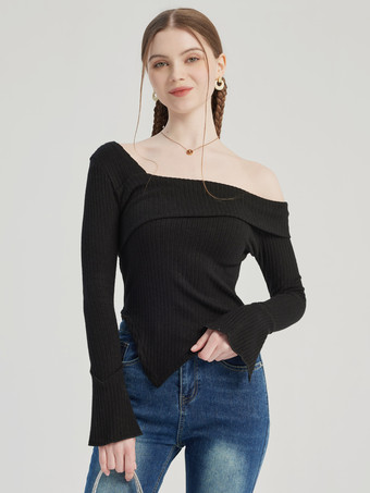 ブラック アシンメトリー T シャツ ロングスリーブ ワンショルダー スプリング トップス レディース 2026