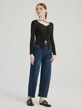 Schwarzes Plissee-T-Shirt mit langen Ärmeln und V-Ausschnitt Frühlings-Top für Damen 2025