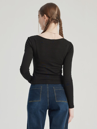 Schwarzes Plissee-T-Shirt mit langen Ärmeln und V-Ausschnitt Frühlings-Top für Damen 2025