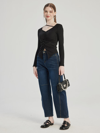 Schwarzes Plissee-T-Shirt mit langen Ärmeln und V-Ausschnitt Frühlings-Top für Damen 2025