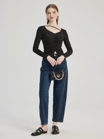 Schwarzes Plissee-T-Shirt mit langen Ärmeln und V-Ausschnitt Frühlings-Top für Damen 2025