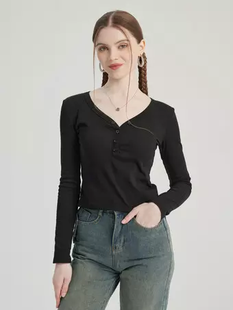 黒 Vネック Tシャツ 長袖 春トップス レディース 2026 - Milanoo.jp