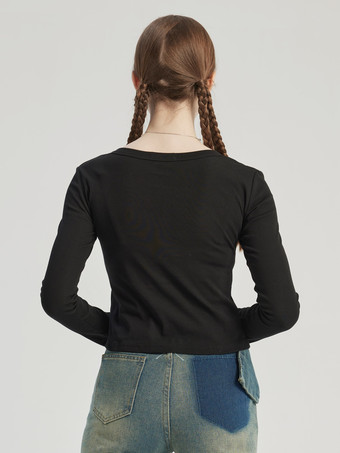 Black V-neck T-shirt Long Sleeve Spring Top For Women 2025