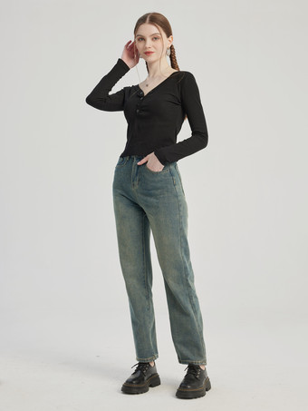 Black V-neck T-shirt Long Sleeve Spring Top For Women 2025