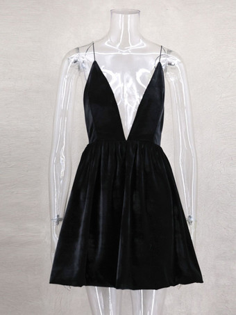 ベルベットミニドレス Vネック バックレス スパゲッティストラップ Aライン パーティードレス レディース 2025