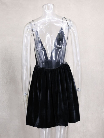 ベルベットミニドレス Vネック バックレス スパゲッティストラップ Aライン パーティードレス レディース 2025