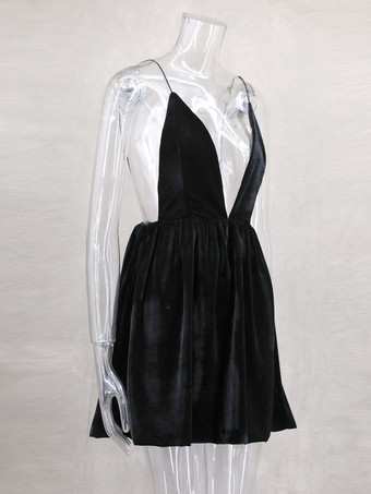 ベルベットミニドレス Vネック バックレス スパゲッティストラップ Aライン パーティードレス レディース 2025