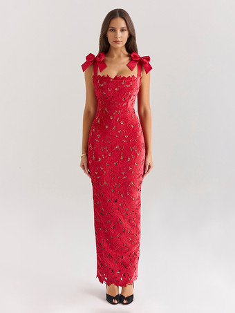 レッド リボンストラップ付きボディコンロングドレス 夏用ロングパーティードレス レディース 2025