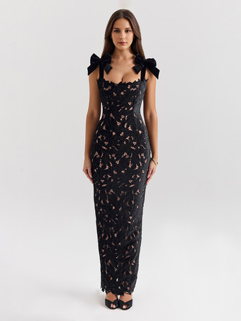 ブラック リボンストラップ付きボディコンロングドレス 夏用ロングパーティードレス レディース 2025