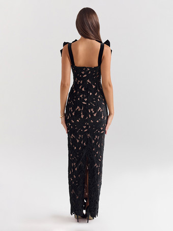 リボンストラップ付きボディコンロングドレス 夏用ロングパーティードレス レディース 2025