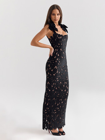 リボンストラップ付きボディコンロングドレス 夏用ロングパーティードレス レディース 2025