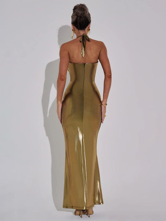 メタリックゴールド マキシドレス オープンバック パーティー ホルター ボディコン ドレス レディース 2025