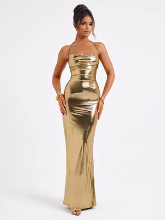 ゴールド メタリックゴールド マキシドレス オープンバック パーティー ボディコン ホルタードレス レディース 2025