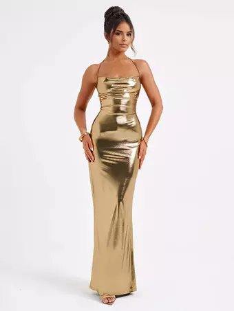 メタリックゴールド マキシドレス オープンバック パーティー