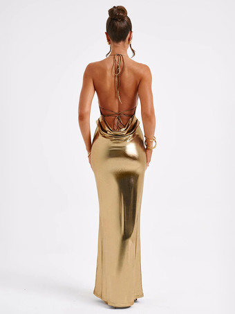 メタリックゴールド マキシドレス オープンバック パーティー ボディコン ホルタードレス レディース 2025