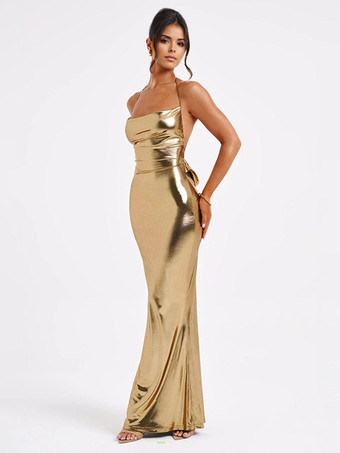 メタリックゴールド マキシドレス オープンバック パーティー ボディコン ホルタードレス レディース 2025