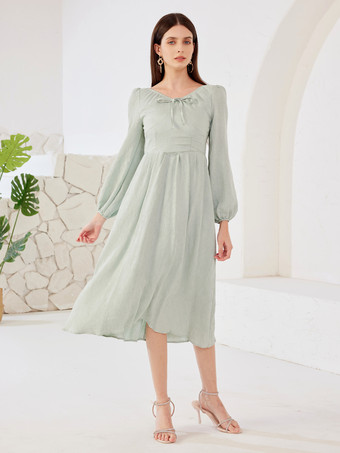 BabyblauLangärmliges Midikleid mit V-Ausschnitt und A-Linie Strandkleid für Damen 2025