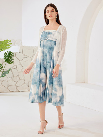 ライトスカイブルーグラデーション サスペンダー ミディ ドレス ニット カーディガン付き レディース 2026