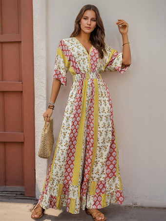 イエロー花柄プリントジャンプスーツ Vネック 半袖 ワイドレッグ 夏服 レディース 2025