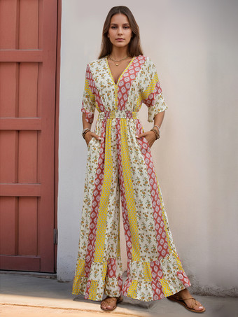 花柄プリントジャンプスーツ Vネック 半袖 ワイドレッグ 夏服 レディース 2025