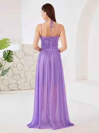 purple beach bridesmaid dresses Teen Girls' Elegant Purple Chiffon Spaghetti Strap Dress,Summer Formal  Bridesmaid Off Shoulder Slit Vacation Beach Solid Color Dresses