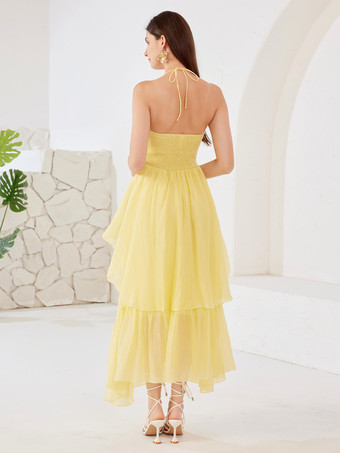 バターイエローのホルターネックロングドレス、3Dフラワーレイヤードパーティードレス（レディース）2025