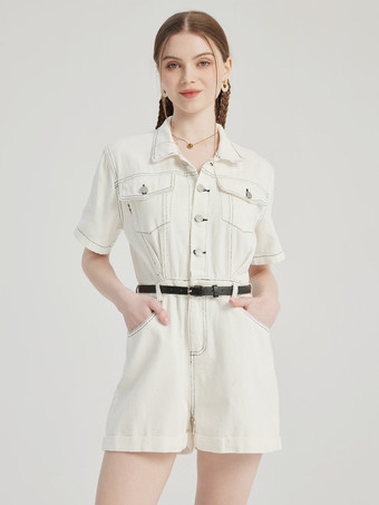 blanc Combinaison en jean blanc à manches courtes pour femme tenue d'été 2025