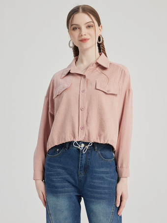 ピンク ピンクストライプシャツ 長袖クロップトップ レディース 2026