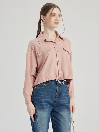 ピンクストライプシャツ 長袖クロップトップ レディース 2026