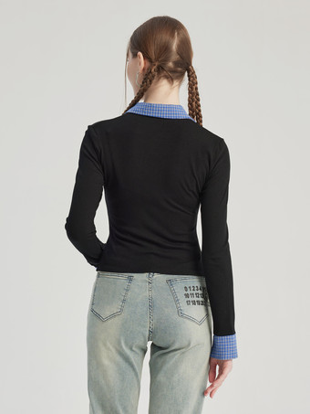 チェック柄の袖口と襟が付いた黒のブラウス、レディース用長袖春トップス 2026