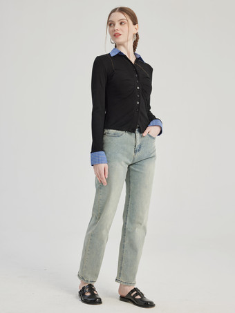 チェック柄の袖口と襟が付いた黒のブラウス、レディース用長袖春トップス 2026