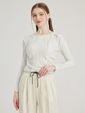 ホワイト ストライプ柄 長袖 Tシャツ クルーネック 春 トップス レディース 2026