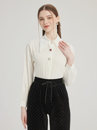 ホワイト スタイリッシュなボタン付きホワイトシャツ ターンダウンカラー オフィス用トップス レディース