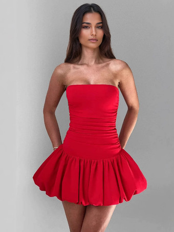 レッド セクシーなチューブドレス、バブルヘムボディコンミニドレス、女性用 2025