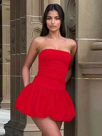Plustrong Mini Abito Estivo Aderente Con Maniche A Sbuffo E Orno A Volant – Donna, Cocktail, Matrimonio Ospite - 4