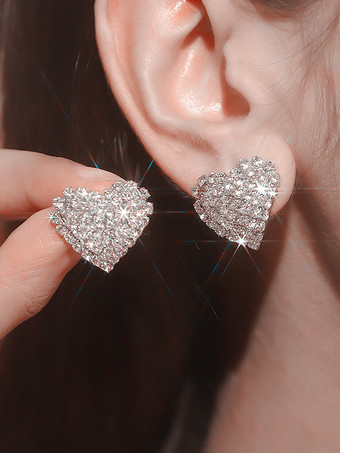 シルバー 女性のためのハート型ラインストーンイヤリング 2025